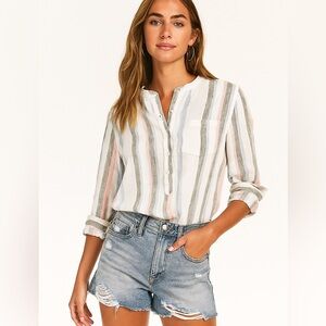 Lucky Brand Women's Cotton Striped Popover Shirt Cottagecore Lightspun Large